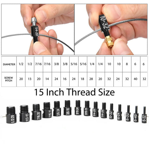 Precision Nut and Bolt Thread Checker Tool with 28 High-Quality Male and Female Gauges for 15 Standard Inch and 13 Metric Sizes shown with gauges and size chart.