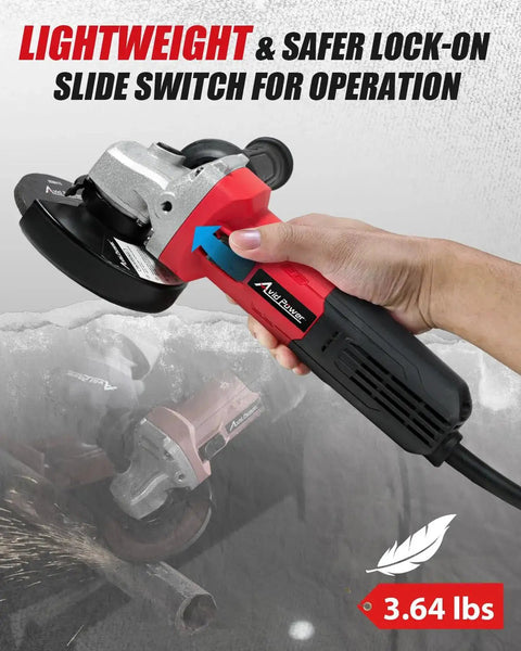 Angle Grinder Four And A Half Inch 7.5 Amp Electric Grinder With Grinding And Cutting Wheels Flap Disc And Auxiliary Handle For Cutting Grinding Polishing And Rust Removal Red being held in hand with slide switch visible.