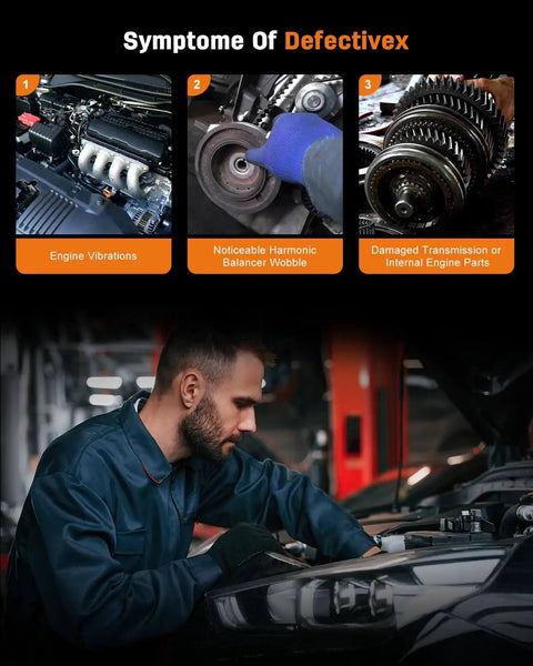 Symptoms of defective harmonic balancer shown, with engine vibrations, wobble, and transmission damage.