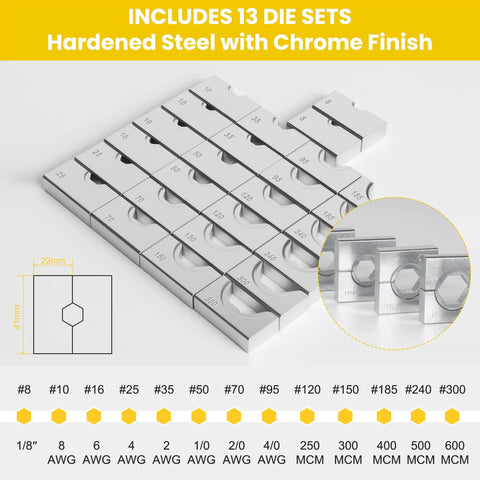 13 die sets for Beefy 16 Ton Hydraulic Wire Crimping Tool with Chrome Finish, sizes range 9 AWG to 600 MCM, copper aluminum wires.