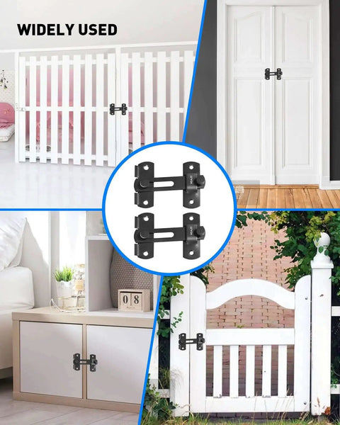 Two Pack Flip Latch Gate Latches For Barn Doors And Wood Fences, shown on white gates, cabinets, with matte black finish.