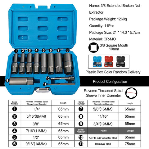 11 Piece Chrome Molybdenum Steel Extractor Set For Damaged Fasteners, 3/8 Inch Drive Rusted Nuts And Screws Removal Kit With Storage Box