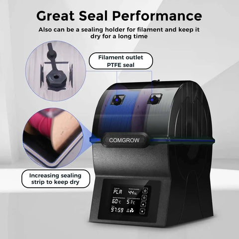 Dual Spool Filament Dryer Box for Makers with PTC Fast Heater and Touch Screen featuring sealing performance and PTFE seal
