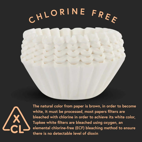 Stack of chlorine-free extra large coffee filters for commercial brewers with text about natural bleaching process.
