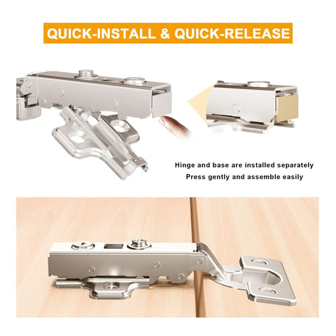 2 Pack Frameless Full Overlay Soft Close Cabinet Hinges With 35mm Cup Adjustable Clip On Plate Nickel Finish Hidden European Hinges For Cabinets Built To Last Precision Engineered For Quiet Durable Kitchen And Bathroom Cabinet Doors, shown in quick-install setting on wooden cabinet door.
