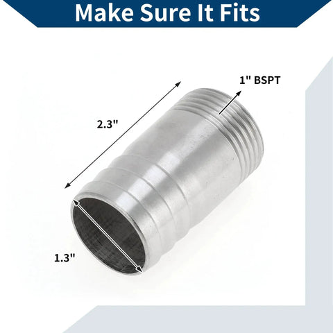 Go-To Stainless Steel Hose Barb Fittings 201, 1.3 inch outer diameter, 1 inch BSPT I shaped male thread barb connector, silver tone