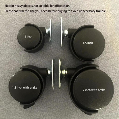 Plastic 1.5 Inch Swivel Caster Wheels Set Of 4 With 16 Screws For Appliances Furniture File Cabinets And Workbenches Smooth Quiet Rolling Durable Nylon Wheel On Sturdy Metal Base Heavy Duty Replacement For Home And Office Mobility, with different sizes shown, including 1 inch, 1.5 inch, 1.5 inch with brake, and 2 inch with brake.