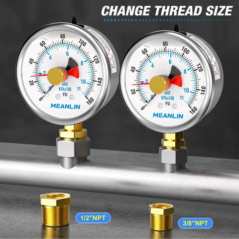 Liquid Filled Pressure Gauge With Reset Pointer 0 To 160 Psi Two And A Half Inch Dial Lower Mount 1 Quarter Inch NPT Industrial Grade
