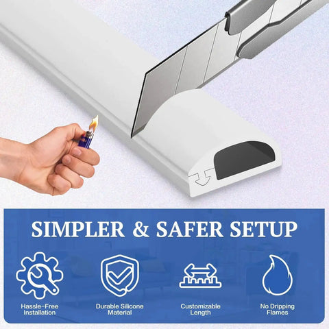 118 Inch Wall Cord Hider With Self Adhesive Silicone Cable Covers, knife cutting silicone showing easy setup, flame test, and icons