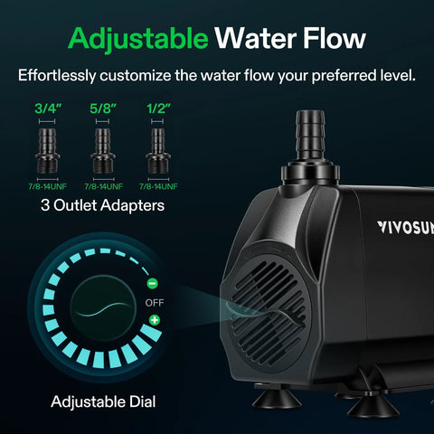 VIVOSUN 1050 GPH submersible water pump, black, 100W with adjustable flow and three nozzle adapters