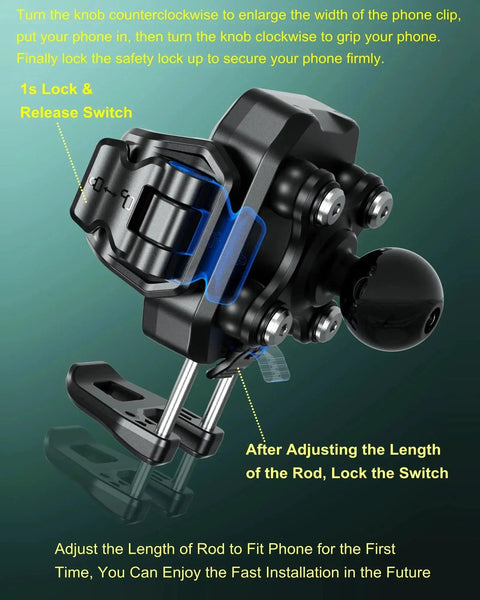 Side view of Anti-Theft Phone Mount With Vibration Dampener And 1 Second Lock Release Cam Friendly Aluminum Arm And Square Base