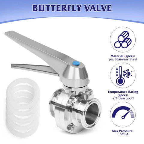 1.5 inch butterfly valve, sanitary 304 stainless steel, tri-clamp ends, two-piece with trigger handle