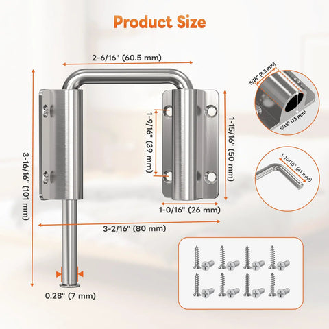 Upgraded Sliding Door Loop Lock with 90 and 180 Degree Adjustable Aluminum Alloy Gate Latch for barn doors; product dimensions shown