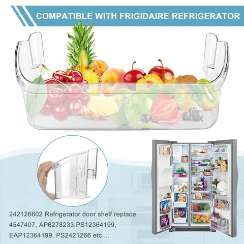 Refrigerator Door Bin Shelf Replacement 242126602, clear bin with fruits, compatible with side by side refrigerators lower door shelf.