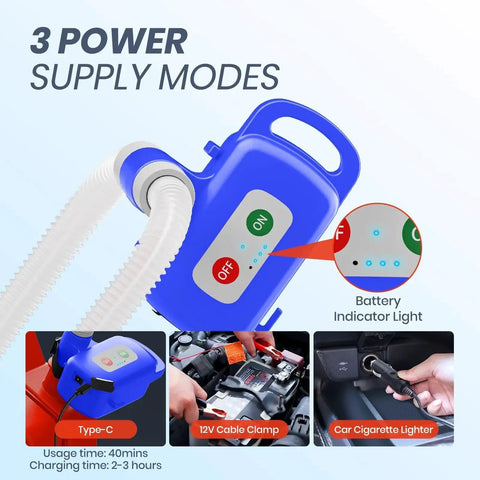 Electric Fuel Transfer Pump With Auto Stop Sensor And Leak Protection 3 GPM showing three power modes and battery indicator.
