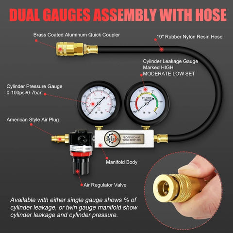 Front view of Cylinder Leak Down Tester Kit Pro Grade With Dual Pressure Gauges, hose attachments, and spark plug adapters for gasoline engines.