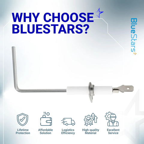 BlueStars furnace flame sensor replacement rod, side view with white ceramic insulator and blade terminal