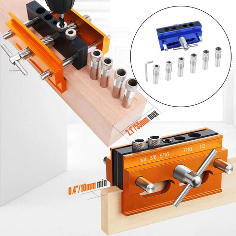Adjustable Doweling Jig Kit For Perfectly Aligned Holes, Biscuit Joiner Set With Six Guide Bushings in orange and blue.