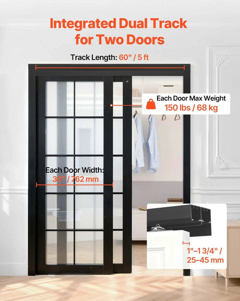 Image of Dual Track Bypass Sliding Door Hardware Kit for Closet Doors, 5 ft aluminum alloy system installed, showing measurements.