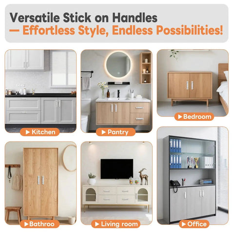 Six rooms showing 2 Pack 5.7 Inch Aluminum Alloy Adhesive Cabinet Handles No Drill Peel And Stick for different furniture types.