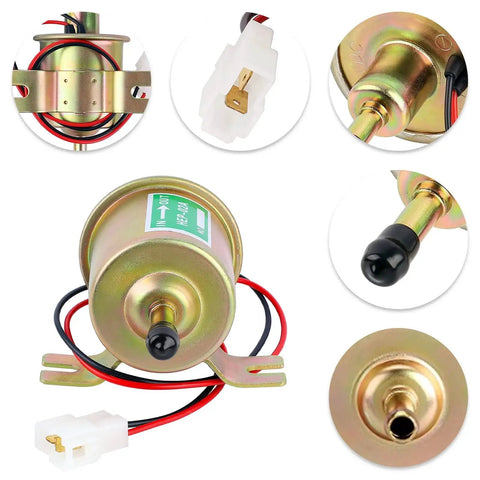 12V Inline Low-Pressure Fuel Pump Go-To Transfer Pump for gasoline and diesel engines, showing fittings and connectors
