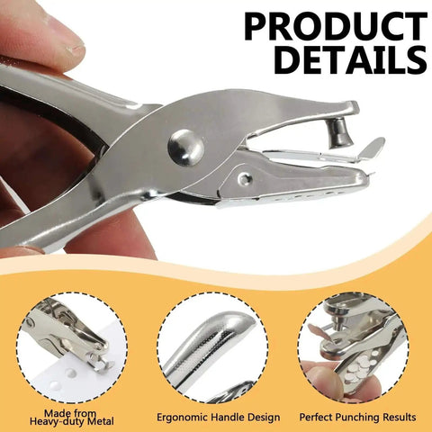 Close-up of Two Piece Hole Puncher Set With One Eighth And One Quarter Inch Circle Punches For Paper Crafting, showing metal body.