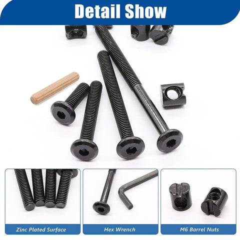 Heavy Duty Crib Screws Hardware Replacement Kit with M6 Barrel Nuts, Dowel Pins, Hex Wrenches, Socket Head Cap Screws
