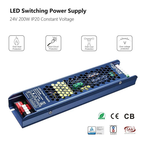 Beefy 24V 200W Constant Voltage LED Driver Power Supply with Four Gear Dimming IP20 Protection with safety icons