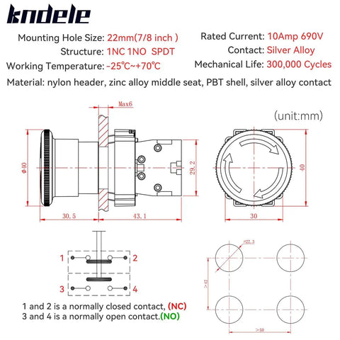 Diagram of 22mm Red Mushroom Emergency Stop Button Switch IP65 Waterproof SPDT With 1NO 1NC Contacts 10A 600V specifications