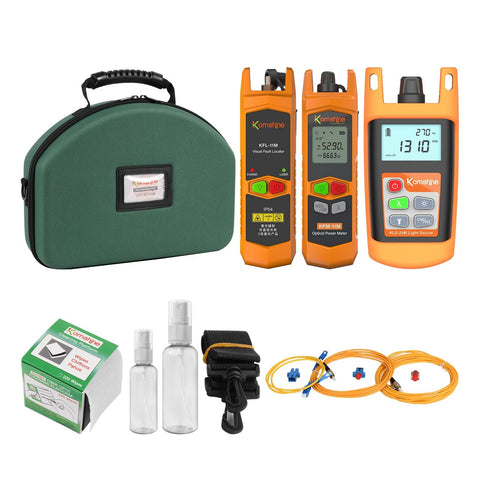 Komshine FTTH optical fiber tester kit with three orange meters (VFL, OPM, OLS) and green carrying case