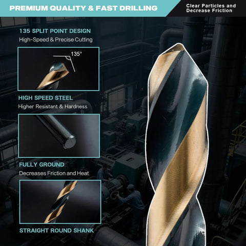 Cobalt Drill Bit Set 29 Piece HSS Jobber Bits With Black And Gold Finish showcasing split point design.