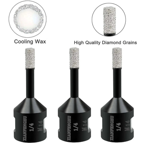 Diamond Core Drill Bit Set For Porcelain Tile Ceramic Marble Brick Stone Granite Vacuum Brazed For Angle Grinders 5/8-11 Thread And 1/4 Inch Shank Pro Grade Fast Cutting Smooth Holes Long Lasting Performance, showing three vacuum brazed diamond drill bits with high-quality diamond grains and cooling wax.