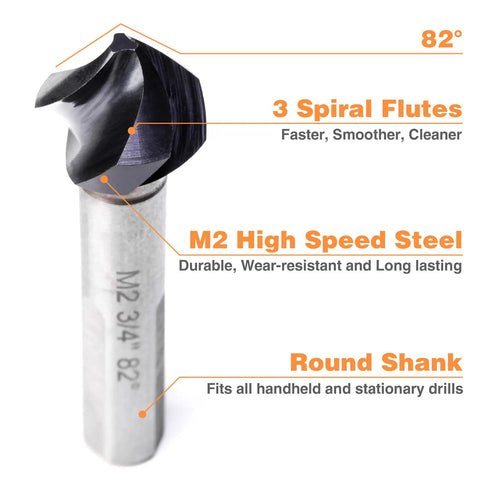 Close-up of Pro Grade Countersink Drill Bit Set 5 Piece M2 High Speed Steel with 82 Degree Countersink, 3 spiral flutes visible.