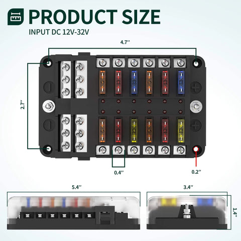 12 Way Fuse Block With LED Indicator, 12V Blade Fuse Box, 12-Circuit Marine Fuse Panel With Waterproof Cover, ATO ATC Type