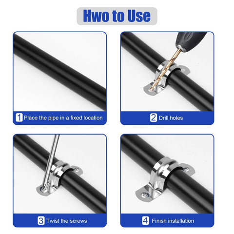 JDHGSHL 1-inch stainless conduit clamps four-step installation guide: place pipe, drill holes, twist screws, finish.
