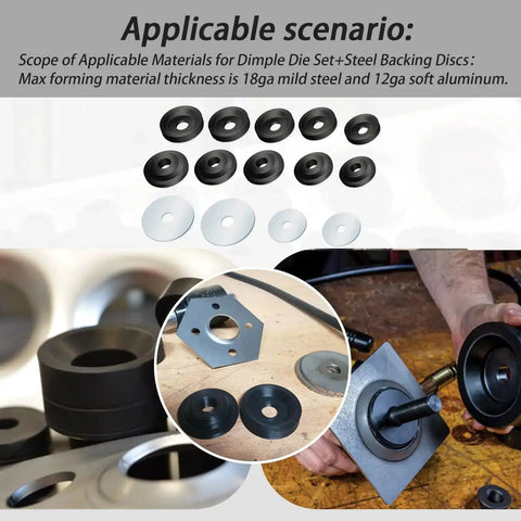 Dimple Die Set With Steel Backing Discs For Harbor Freight Hydraulic Punch Driver Kit Includes 1.115, 1.362, 1.687, 1.937, 2.375 Inch Dies Compatible With Press Or Vise.