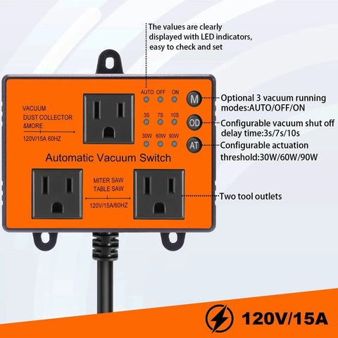Automatic Vacuum Switch For Dust Collector And Woodworking Shop Gear With Dual 120V 15A Outlets Auto On Auto Off 3 Modes