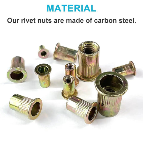 Rivet Nut Kit 830 Pieces SAE and Metric Flat Head Assortment showing multiple zinc-plated steel rivet nuts on a surface.