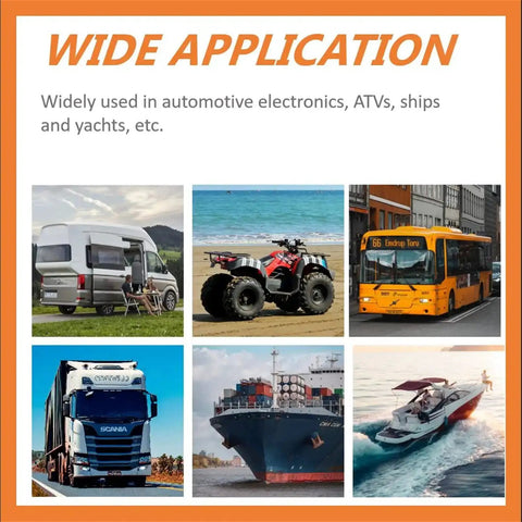 Vehicles including camper, ATV, city bus, truck, cargo ship, and yacht illustrating wide application of Mega Fuse Holder for automotive use.