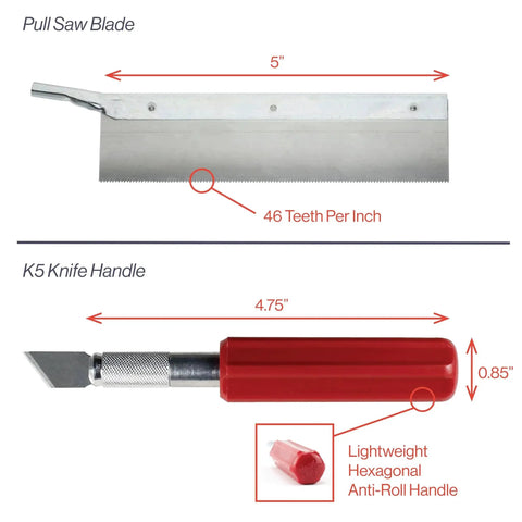 Diagram showing 5-inch pull saw blade with 46 TPI and 4.75-inch K5 handle from Six Inch Metal Miter Box Set With Aluminum And Steel Construction For Precise 45 And 90 Degree Cuts In Wood Plastic And Soft Metals Includes K5 Handle And Razor Pull Saw Made In USA.