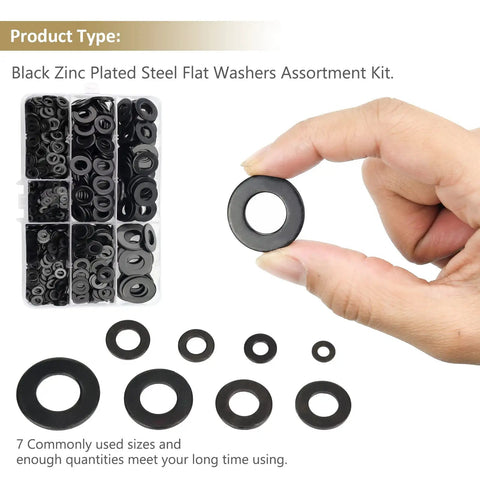 Heavy Duty Black Zinc Plated Steel Flat Washers Set With Fender Washers And Lock Washers 800 Pieces in hand and displayed