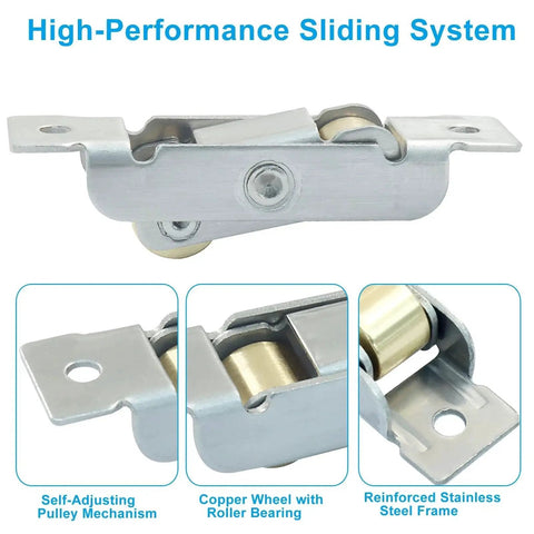 Four Piece Sliding Roller Assembly Set For Doors And Windows In Stainless Steel With Copper Components And Screws Easy Installation Gold Flat Wheel Durable Patio Rollers For Smooth Quiet Glide In Most Track Systems Replacement Kit showing close-up of roller with copper wheel and stainless steel frame.