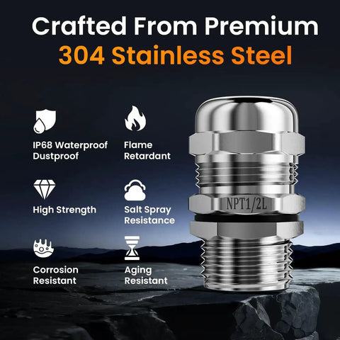 Ten Pack Built Tough Half Inch NPT Stainless Steel Cable Gland Waterproof IP68 Metal Strain Relief Cord Grip with highlighted features