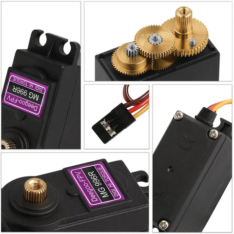 Collage of 4 Pack High Torque Digital Servo Motors with fully copper gears, 180 degree rotation, ideal for RC projects and DIY builds.