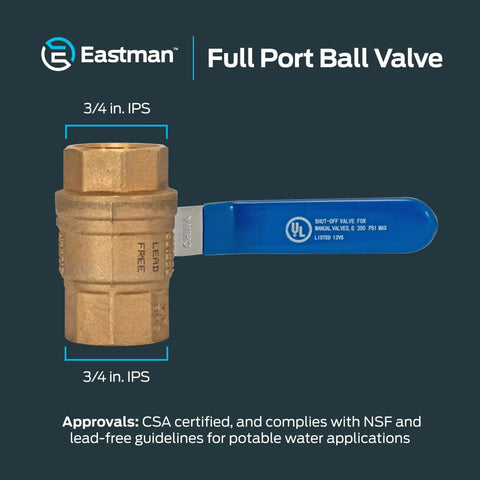 Heavy Duty 3/4 Inch IPS Full Port Brass Ball Valve For Plumbing Inline Shut Off Fitting With Maximum Flow And Minimal Pressure Drop Beefy Corrosion Resistant Brass Easy Installation Suitable For Home And Commercial Water Lines 20047LF Eastman