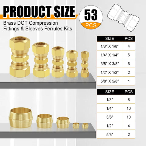 Brass DOT compression fittings kit, 53 pcs, straight unions for 1/8–5/8 in nylon tubing; truck/industrial air systems.