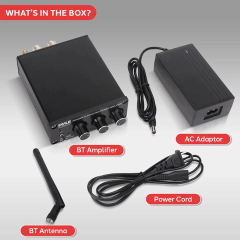 240W Mini Bluetooth Home Stereo Amplifier With 2 Channel Output, power adapter, cords, and antenna included.