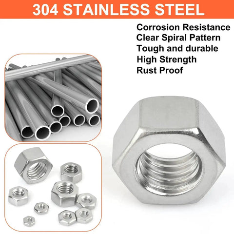 Close-up of hex nut from Hex Nuts Assortment Kit 150 Piece Set in 10 SAE Sizes Stainless Steel 304