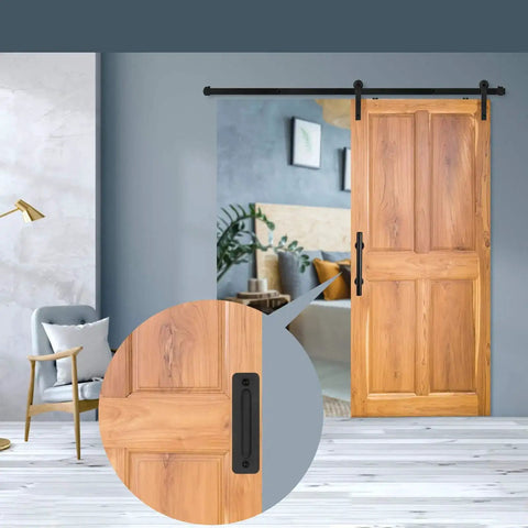 Wooden sliding door with 12 Inch Sliding Barn Door Handle Pull With Flush Back Plate, Matte Black Powder Coated Finish installed