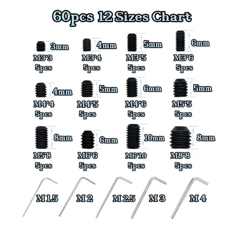 60 Piece Set Screws Kit Grub Screws With Allen Head M3 To M8 12 Sizes Chart with hex wrenches visible